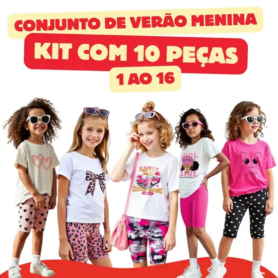 Kit 10 Peças Conjunto Verão Menina 5 Camiseta e 5 Bermuda Moda Infantil Algodão 1 ao 16 com Elastano