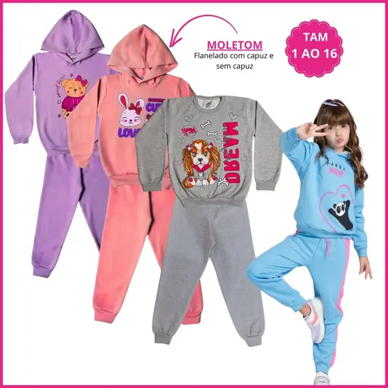 Kit 4 Peças Conjunto Moletom Infantil Menina Inverno 2 Blusa Moletom 2 Calça Legging Flanelada 1 ao 16