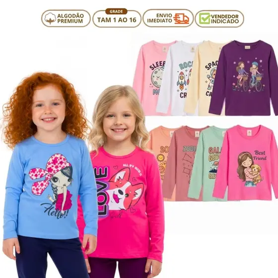 Kit 4 Blusa de Manga Longa Menina Camiseta Infantil Feminina Meia Estação Inverno Algodão 1 a 16 ano