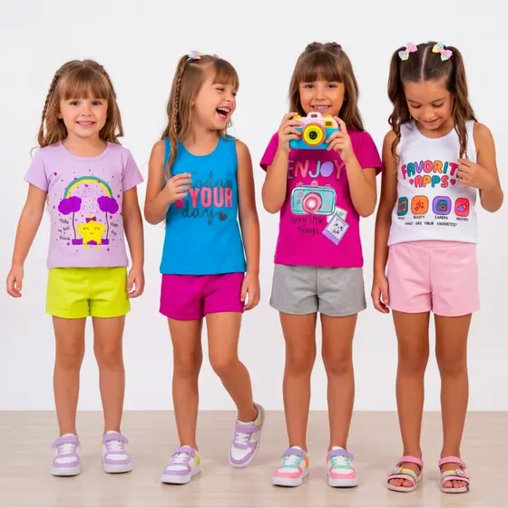 Kit 6 Peças Conjunto Infantil Neon Menina Verão Liso 3 Camiseta 3 Bermuda Feminina Calor 1 ao 16 anos