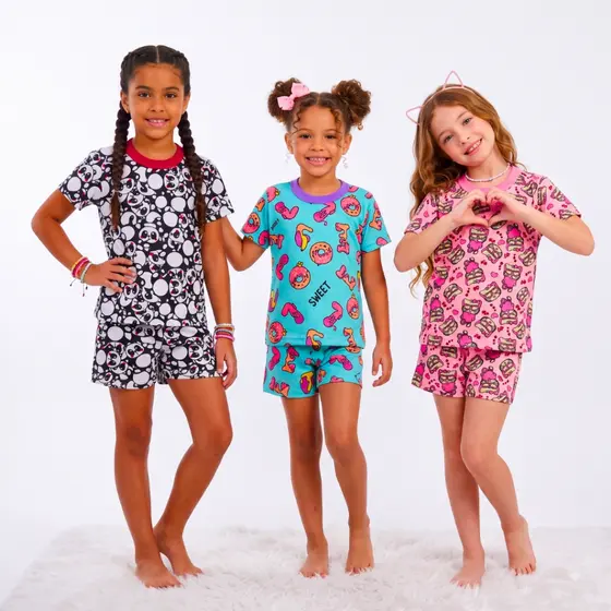 Kit 6 Peças Pijama Verão Menina Feminino 3 Camiseta e 3 Bermuda Estampada em Algodão 1 ao 16 anos