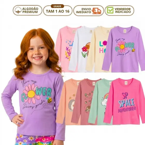 Kit 3 Camiseta de Manga Infantil Feminina Outono Inverno Lisa e Estampada em Algodão 1 ao 16 anos