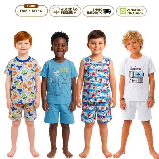 Kit 4 Peças de Pijama Menino Verão 2 Camiseta Infantil 2 Bermuda Lisa e Estampada em Algodão e com Elastico