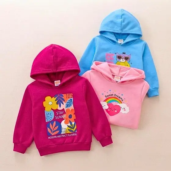 Kit 2 Blusa de Frio Moletom Menina Flanelada Forrada e Quente para Inverno com Capuz e Sem Algodão