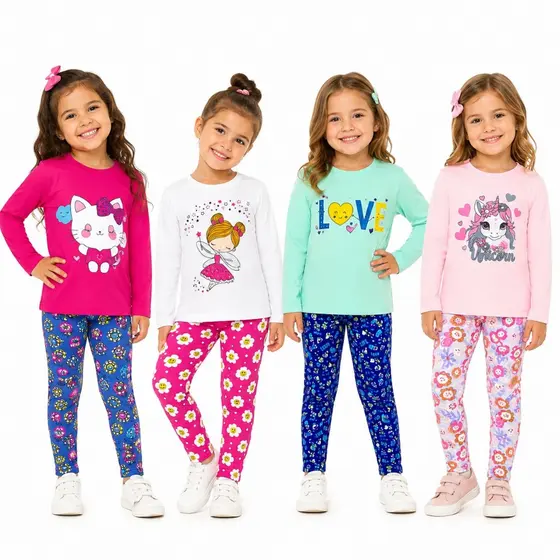 Kit 8 Peça Conjunto Infantil Menina Moda Blogueira Algodão Meia Estação 4 Legging 4 Camiseta 1 ao 16
