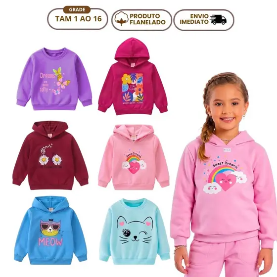 Kit 3 Blusa de Moletom Feminina Infantil Agasalho Inverno com Capuz e Sem Flanelada Forrada 1 ao 16