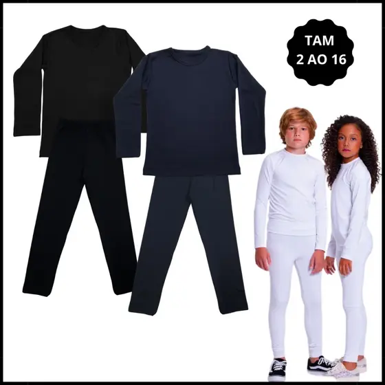 Conjunto Térmico Infantil Liso Segunda Pele Flanelada Camiseta e Calça Inverno Menino Menina 2 ao 16