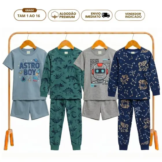 Kit 8 Peças 2 Pijama Infantil Menino Inverno e 2 Verão Roupa de Dormir Calor e Frio Longo e Curto Algodão Personagens