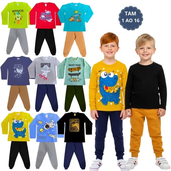 Kit 4 Peças Roupa Infantil Menino 2 Camiseta Manga e 2 Calça de Moletom Lisa e Flanelada 1 ao 16