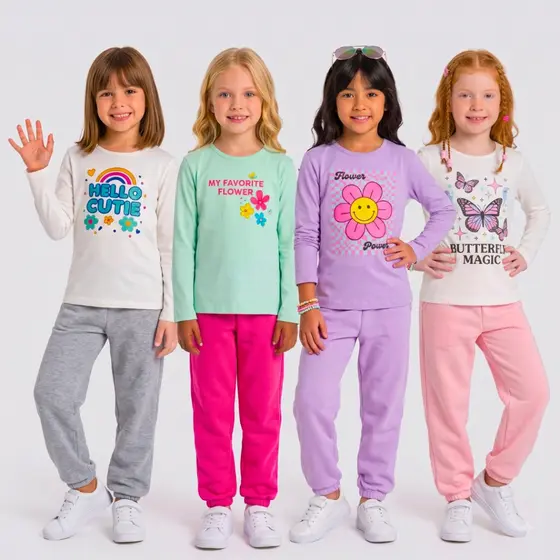 Kit 6 Peças Roupa Feminina Infantil Inverno 3 Camiseta Manga 3 Calça Moletom Forrada com Punho Lisa 1 ao 16 anos