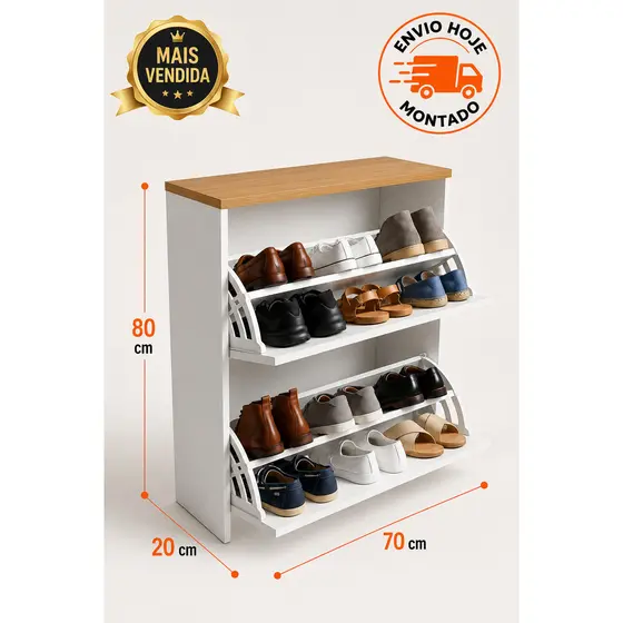 Sapateira 2 Portas MDF 12 Pares Armário Multiuso Organizador vertical Sapatos Closet hall de entrada freijó