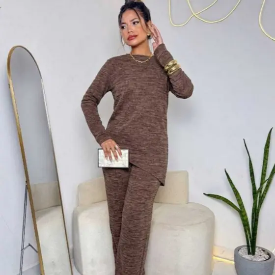 Conjunto Feminino Lanzinha Tricô Rib Canelado Manga Longa Pantalona Inverno Elegante Moda Frio 2026