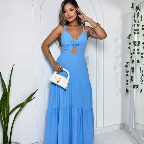 Vestido Feminino 3 Marias Longo Decote em Laço com Alças Finas Elastex nas Costas em Duna Liso