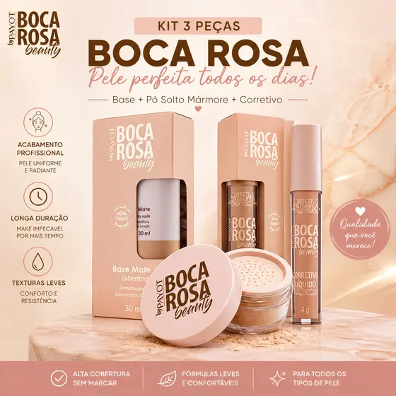 Kit Boca Rosa 3 Peças – Base + Pó Solto Mármore + Corretivo Alta Cobertura
