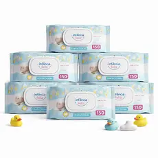 Kit com 6 Pacotes de Toalhas Umedecidas Infância Feliz 150 folhas 98% Água - Vegana Lenço Umedecido