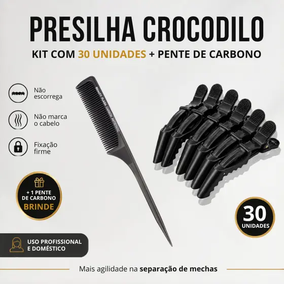Kit 30 Presilhas Clips Crocodilo Articulado Para Cabelo Mais + 01 Pente De Carbono Anti Frizz
