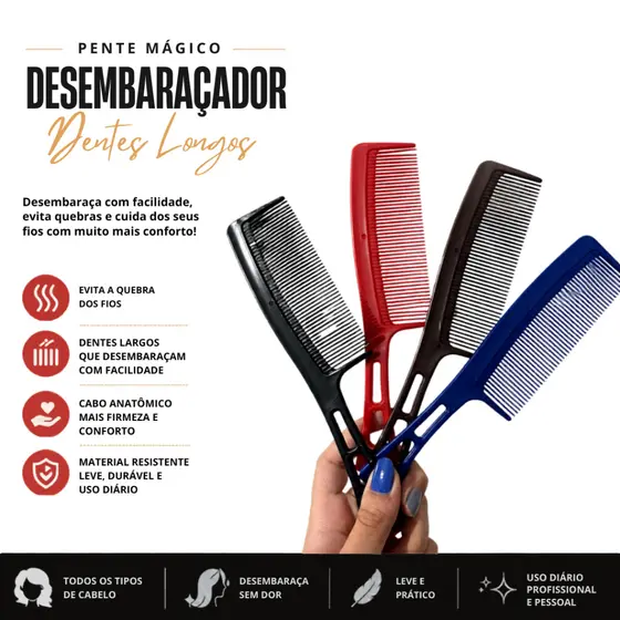 Pente Mágico Desembaraçador Dentes Largos Com Cabo Anti Quebra Para Cabelos Cacheados E Lisos Beauty
