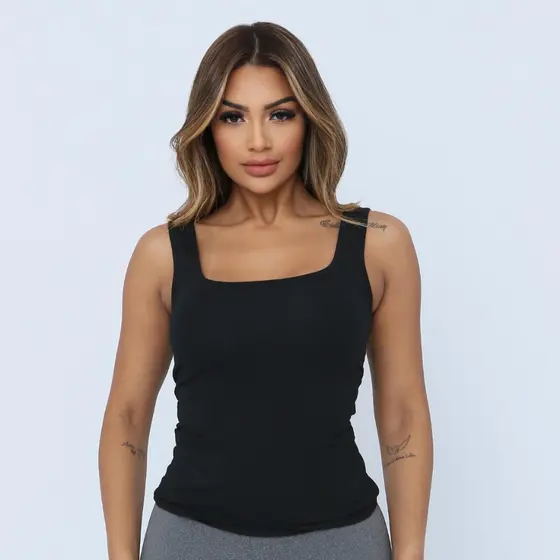 Blusinha Regata Decote Quadrado Viscolycra Alça Grossa Básica Fashion Elegante Blogueira Dia a Dia