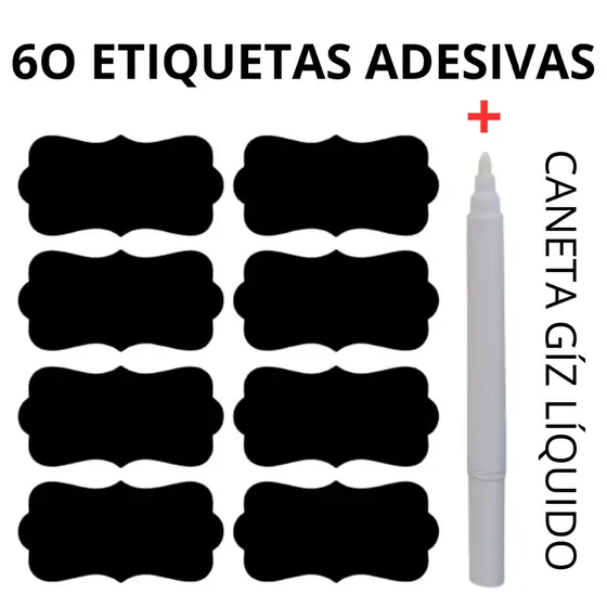 60 Etiquetas Adesivas Lousa 4x2cm + Caneta Giz Líquido de BRIND Pote Porta Tempero Envio em até 24h