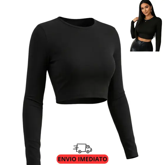 Blusa Cropped Manga Longa Gola Careca Suplex Liso Collant
