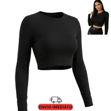 Blusa Cropped Manga Longa Gola Careca Suplex Liso Collant