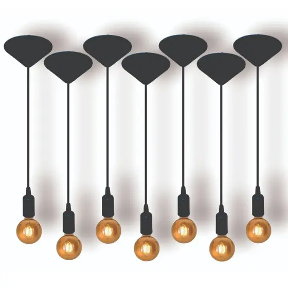Kit 7 Fio Pendente Lustre Luminária de Teto Soquete Liso E27 Cabo PP 1mt Preto