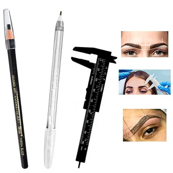 Lápis Dermatográfico + Paquímetro + Caneta Gel Branca para Sobrancelha Design S15