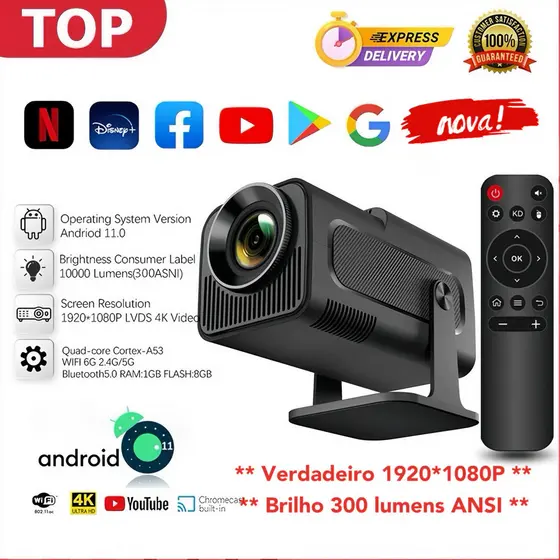 Projetor Smart HY 320 Mini Branco Preto Original Android 13.0 Full 4K HD Bluetooth Wi-fi 6.0