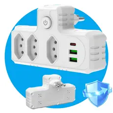 Adaptador Transformador Portátil | 3 Tomadas + 2 USB + 1 Type-C, Carga Rápida