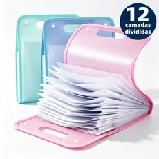 Pasta Organizadora A4 Tipo Acordeão com 12 Divisórias e Prancheta – Ideal para Escritório e Estudos