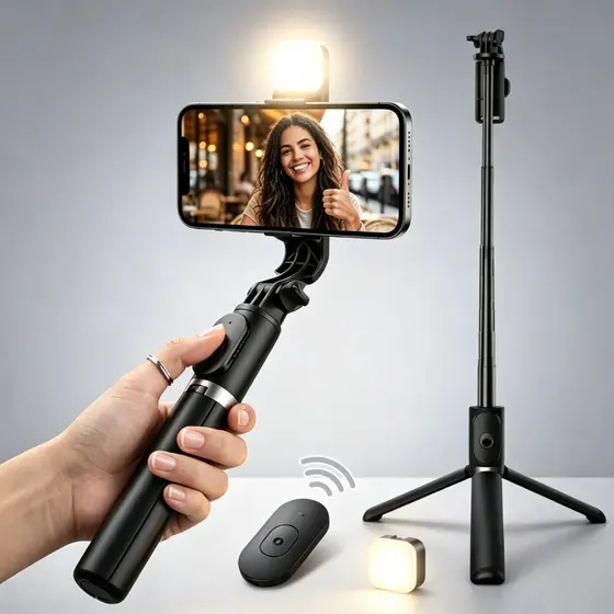 Bastão de Selfie Tripé Extensível para Celulares com Luz de Preenchimento LED e Controle Remoto Bluetooth