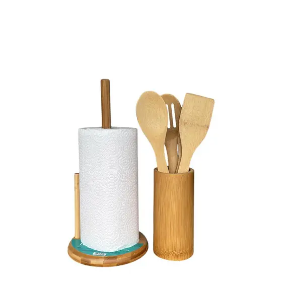 Kit de Utensílios de Bambu 4pcs e Porta Papel Toalha de Bambu