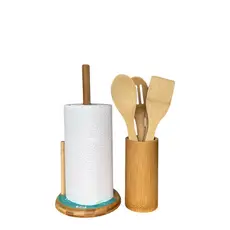 Kit de Utensílios de Bambu 4pcs e Porta Papel Toalha de Bambu
