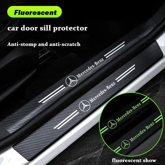 Conjunto de 4 peças para porta de carro, barra luminosa para pedal lateral, adesivo de couro de fibra de carbono anti-ri