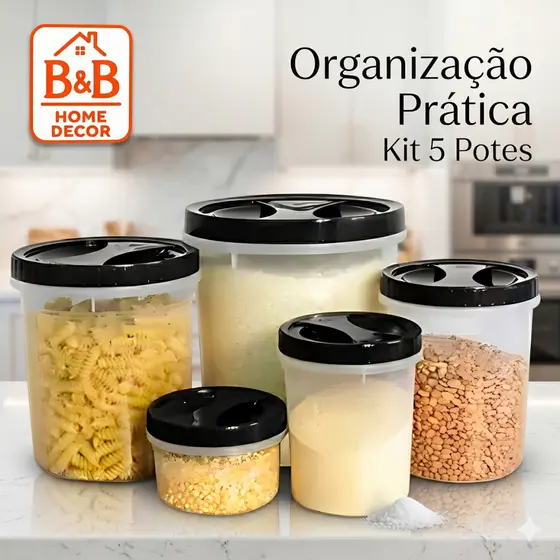 Kit com 5 Potes Porta Mantimentos Tampa Rosca Resistente Cozinha