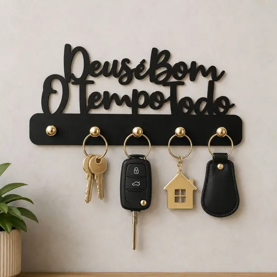 Porta Chaves de Parede Decorativo Multiuso em MDF 3mm Preto Deus é Bom o Tempo Todo Envio Imediato