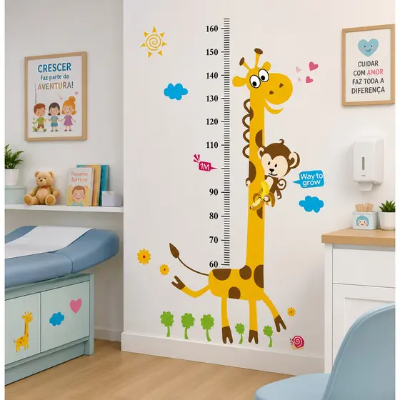 Adesivo De Parede Girafa e Dinossauro Com Medida De Altura Decoração Quarto Brinquedoteca Consultorio Sala
