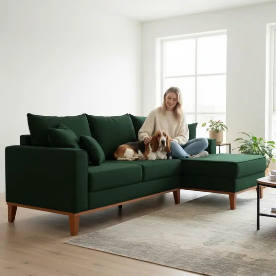 Sofá 3 Lugares Beny com Chaise Direito Suede Verde