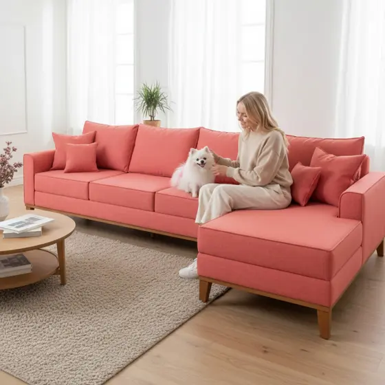 Sofá 4 Lugares Beny com Chaise Direito Suede Rosa