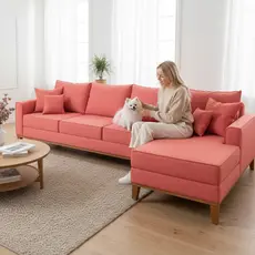 Sofá 4 Lugares Beny com Chaise Direito Suede Rosa