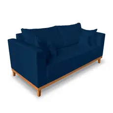 Sofá 3 Lugares Retro Sala de Estar Beny Linho Azul Marinho Madeira Estofados