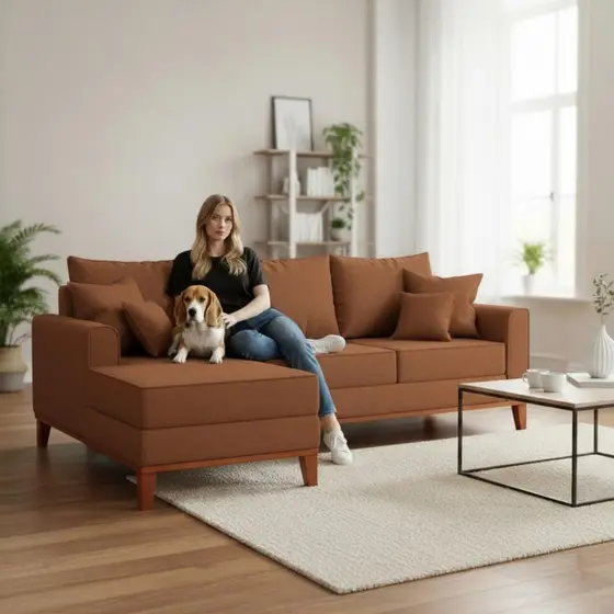 Sofá 3 Lugares Beny com Chaise Esquerdo Linho Terracota