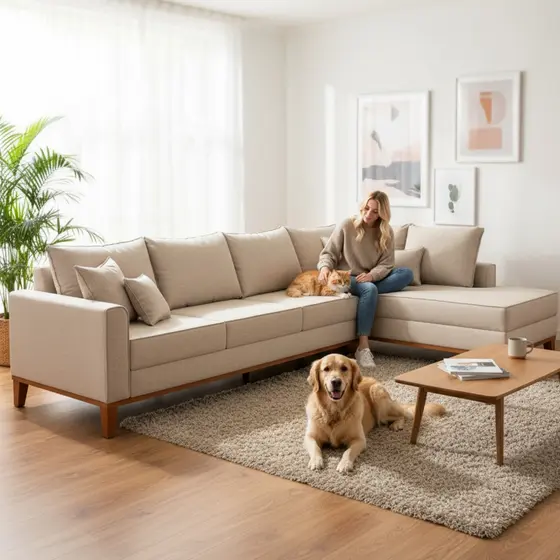 Sofá 4 Lugares Beny com Chaise Direito Linho Bege