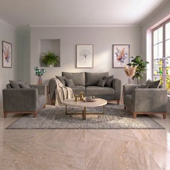 Kit Sofá 3 Lugares e Poltronas Sala de Estar Beny Suede Madeira Estofados