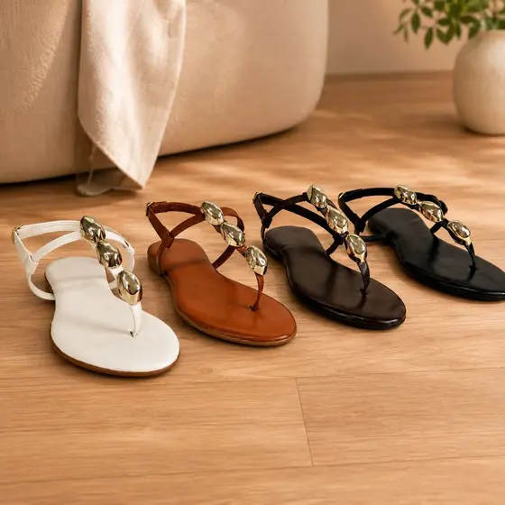 Sandalia Feminina Flat Fio Dental ABS Metalizado Rasteira Elegante Confortavel Leve com Necessaire