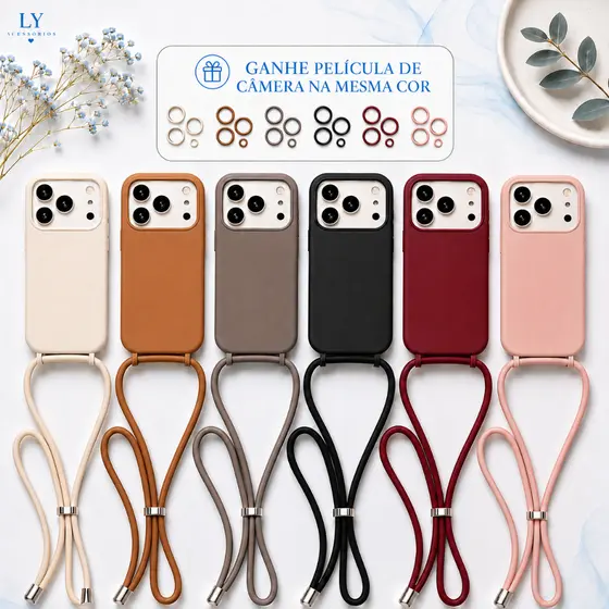Capa Capinha com Cordão para iPhone 17 17 Air 16 16E/17E 15 14 13 12 11 Pro Max TPU Aveludada Antichoque