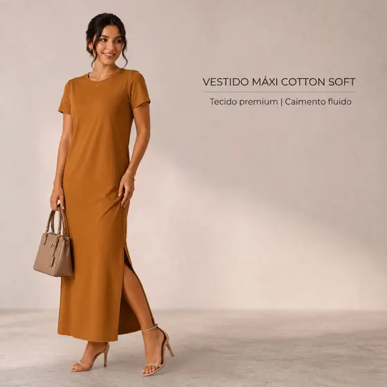 Vestido longo feminino casual e discreto de manga curta com fenda lateral