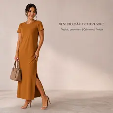 Vestido longo feminino casual e discreto de manga curta com fenda lateral
