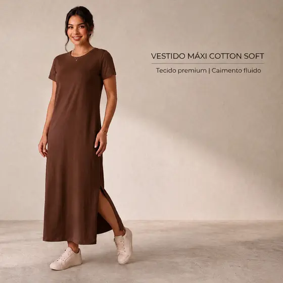 Vestido longo feminino marrom casual e elegante com mangas curtas e fenda lateral confortável