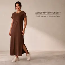 Vestido longo feminino marrom casual e elegante com mangas curtas e fenda lateral confortável